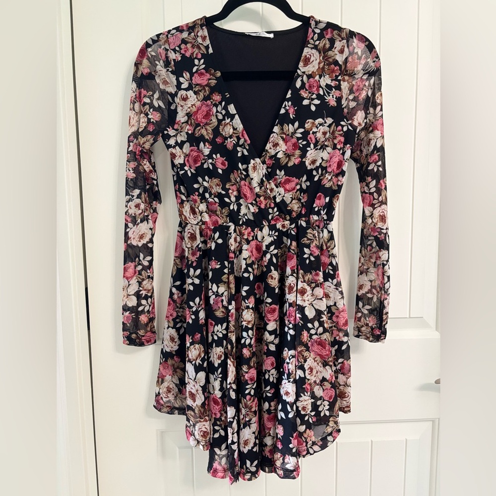 Floral V-Neck Dress - Pink and Black S